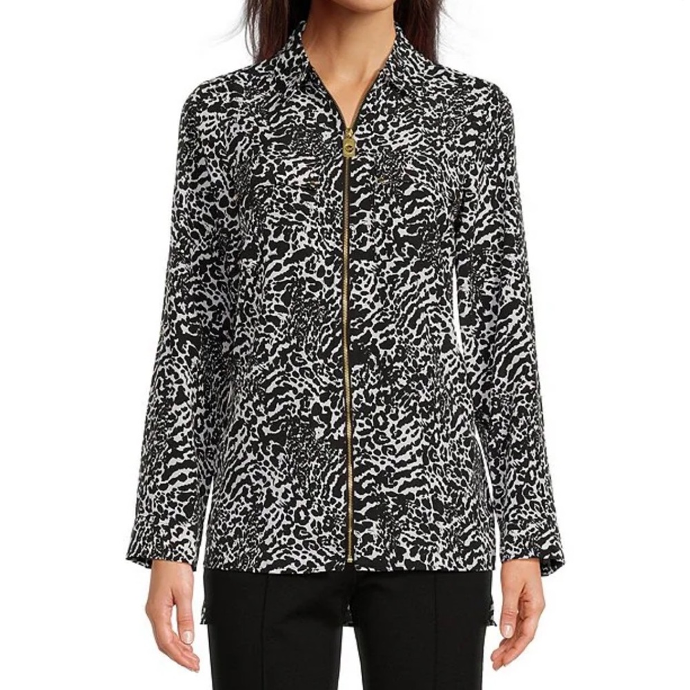 Michael Kors Woven Ocelot Dogtag Inverted Graphic Collared Long Sleeve Top XS